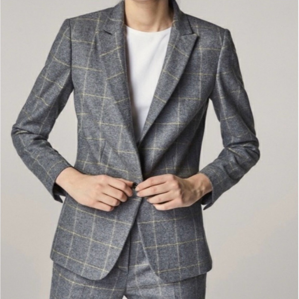 Massimo Dutti Blazer Wool Blend Grey Suit Jacket With Yellow Check, Sz 36/4